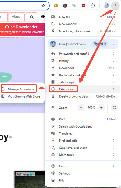Click on More > Extension > Manage Extensions to Disable all the extensions on Google Chrome