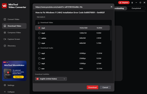 Download YouTube video with MiniTool Video Converter