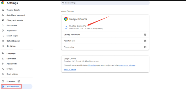 Click on About Chrome to update the browser automatically