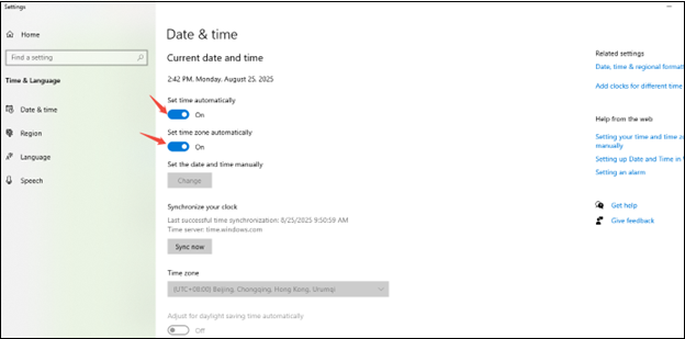Enable both Set time automatically and Set time zone automatically on the Settings window