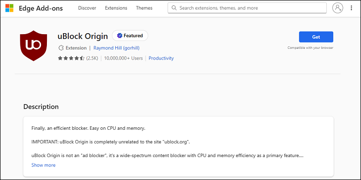 uBlock Origin on Microsoft Edge Add-ons