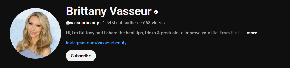 The channel homepage of Brittany Vasseur
