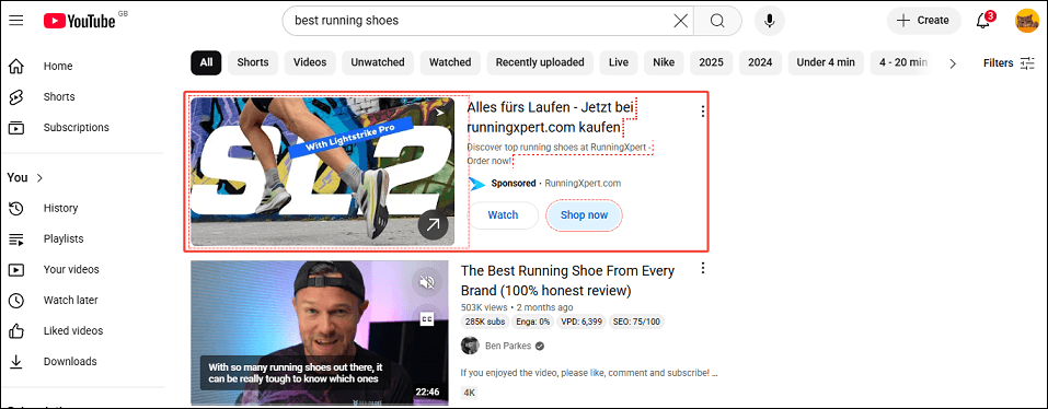 The in-feed ads on YouTube’s search results when searching for “best running shoes”