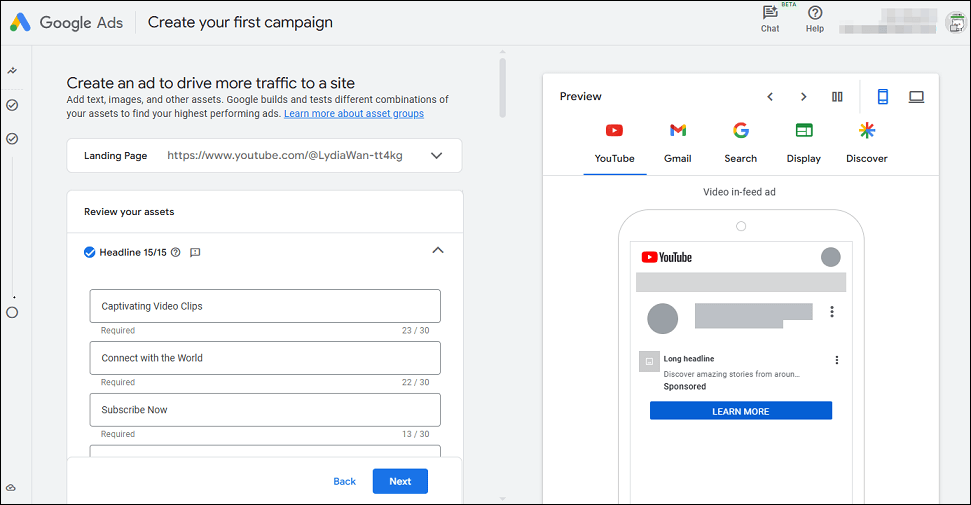 Upload your ad video and add text (headlines and descriptions), images, and other assets to create an in-feed ad in Google Ads