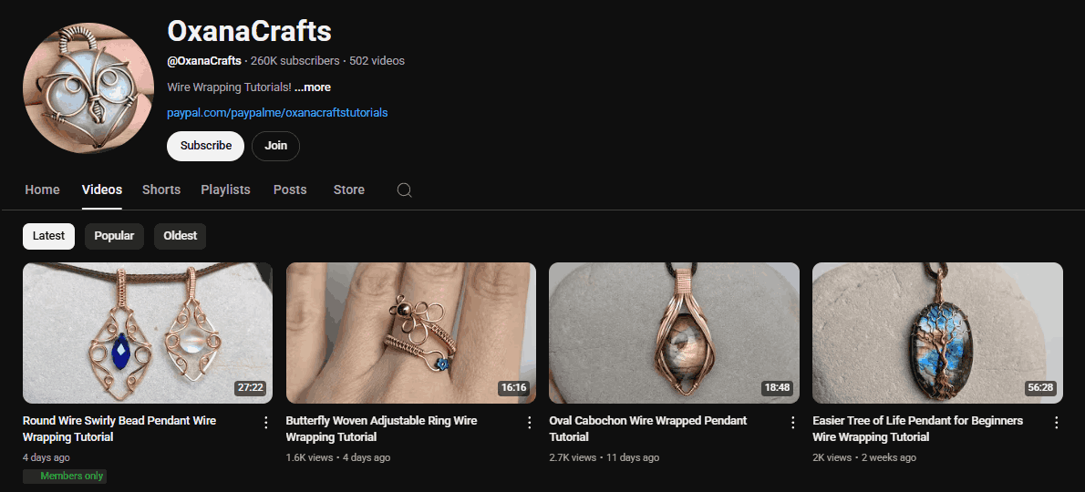 The channel homepage of OxanaCrafts