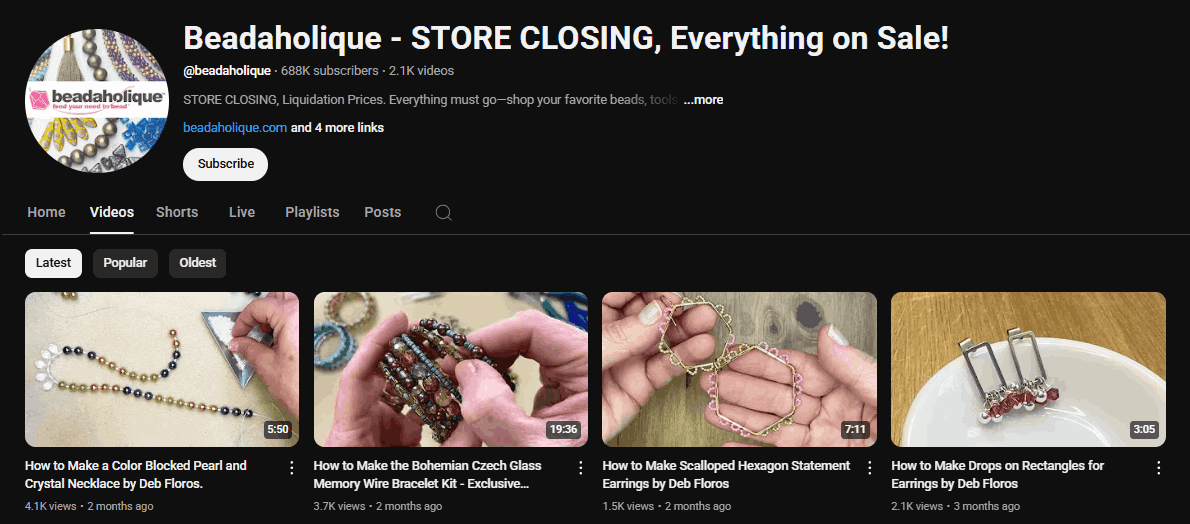 The channel homepage of Beadaholique