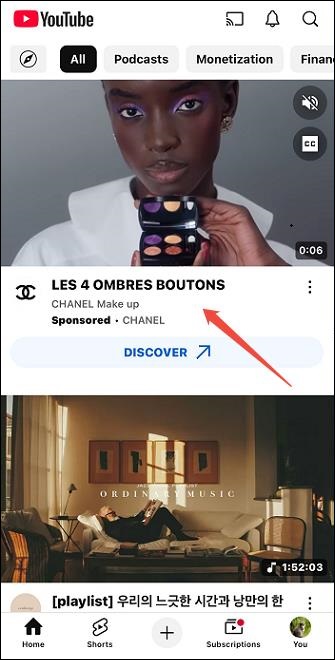 The Masthead ads on the YouTube home feed on mobile phone