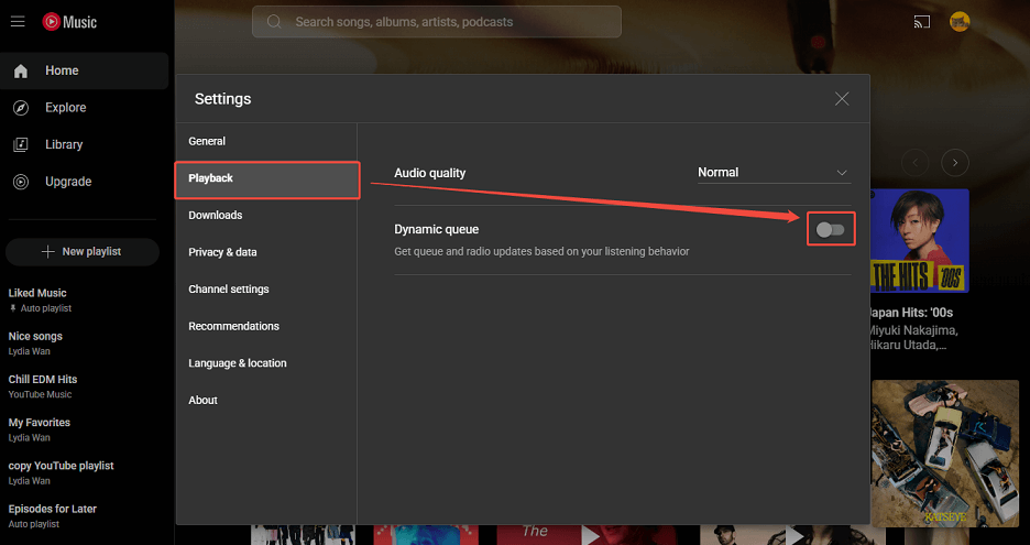 Toggle the Dynamic queue option to turn it on or off in YouTube Music