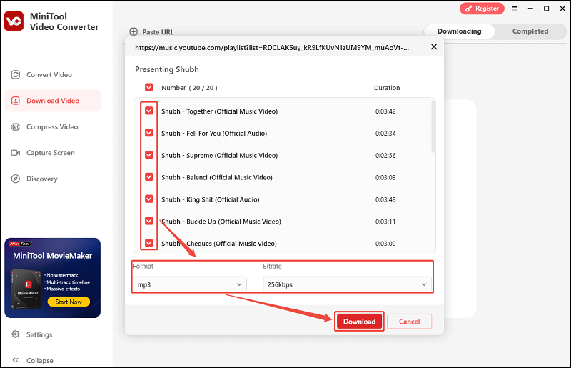 Uncheck the box to stop downloading the song, select the format and bitrate, and click Download in MiniTool Video Converter