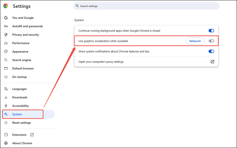 Select the System category and toggle off Use graphics acceleration when available on Chrome