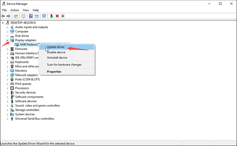 Expand Display adapters and choose Update driver in Device Manager
