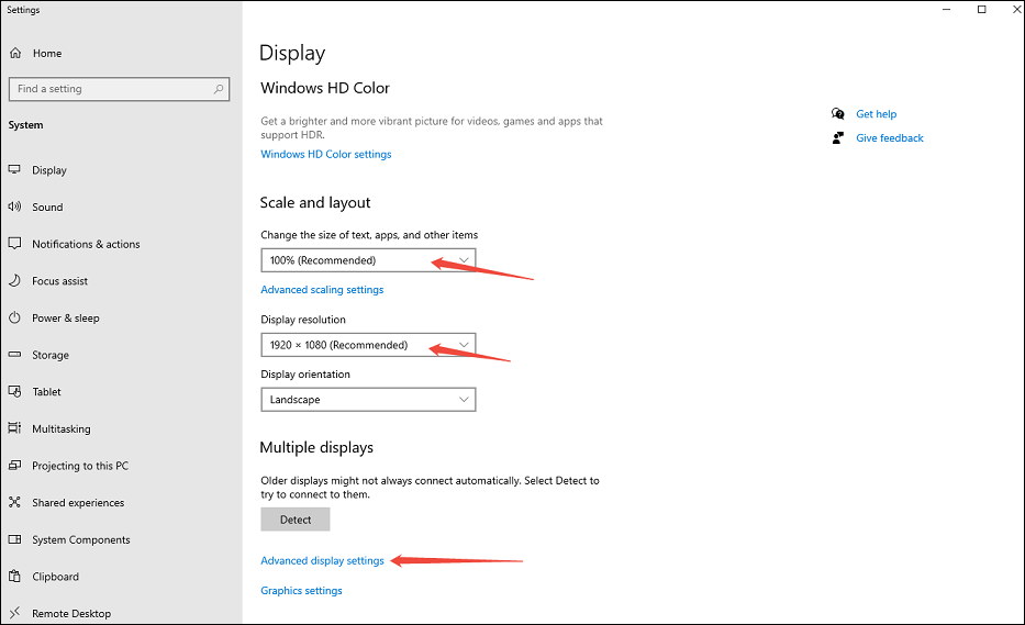 Adjust your display scaling settings and display resolution, and go to Advanced display settings on Windows