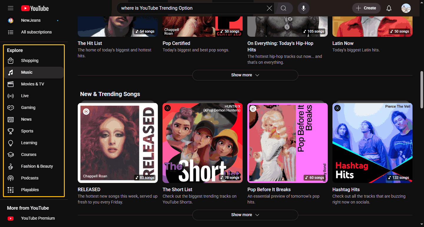 Select a category under Explore to view trending videos on the YouTube website