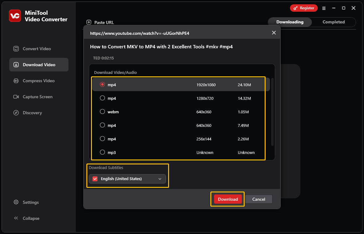 Choose the output format, choose to download the subtitles or not, and click on Download in MiniTool Video Converter