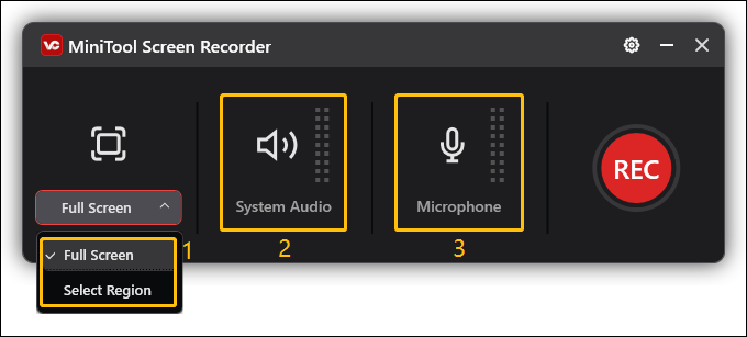 In the MiniTool Screen Recorder window, select whether to record the entire screen or a specific area, and click the System Audio and Microphone option to decide whether to record them