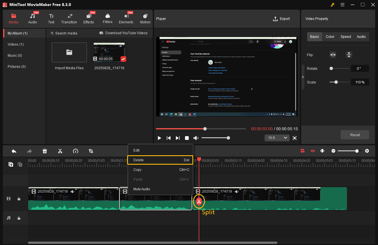 In MiniTool MovieMaker, click the Split icon to clip the segment you want to delete, and right-click the unwanted clip and choose the Delete option to remove it