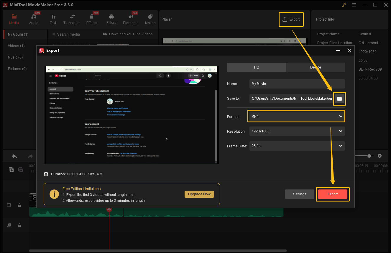 In MiniTool Movie Maker, click the Export option, choose the output format and save location, and then click the Export button