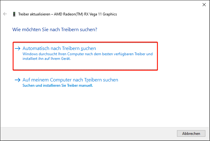 Automatisch nach aktueller Treibersoftware suchen wählen