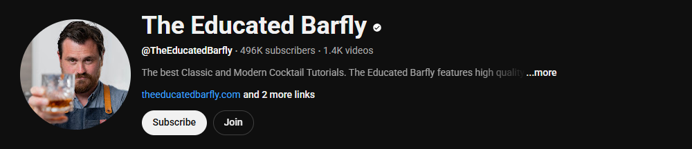 The channel homepage of The Educated Barfly