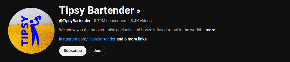 The channel homepage of Tipsy Bartender
