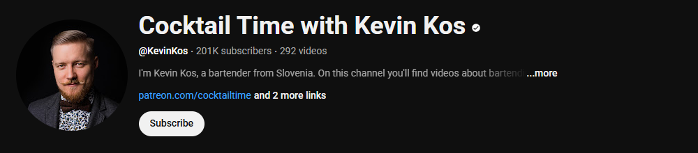 The channel homepage of Cocktail Time with Kevin Kos