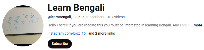 The YouTube channel interface of Learn Bengali