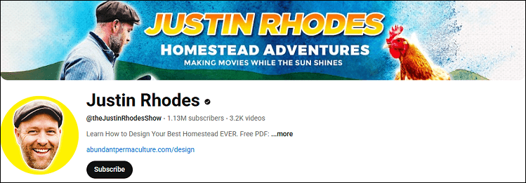 The homepage of the Justin Rhodes channel on YouTube