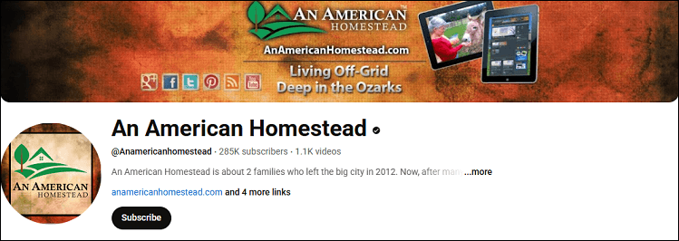 The homepage of the An American Homestead channel on YouTube