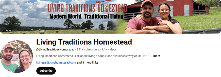 The homepage of the Living Traditions Homestead channel on YouTube