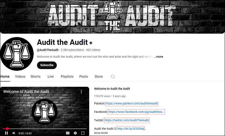 The channel homepage of Audit the Audit on YouTube