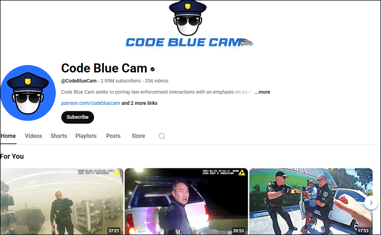 The channel homepage of Code Blue Cam on YouTube