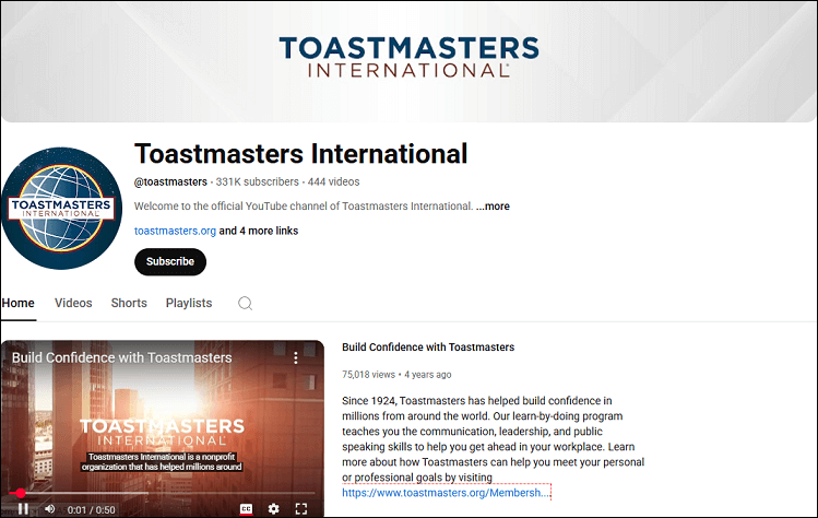 The channel homepage of Toastmasters International on YouTube