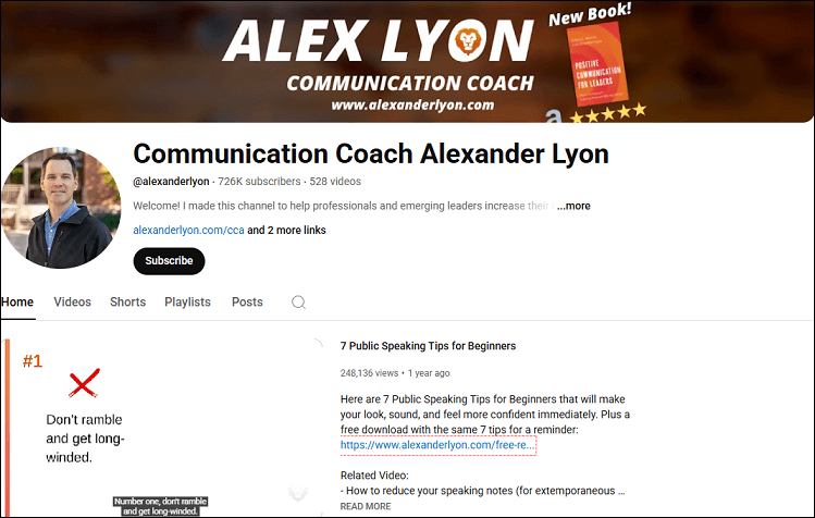 The channel homepage of Communication Coach Alexander Lyon on YouTube