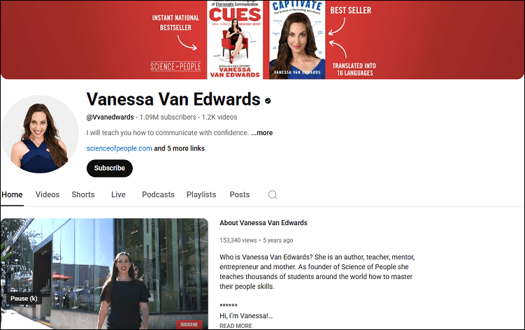 The channel homepage of Vanessa Van Edwards on YouTube