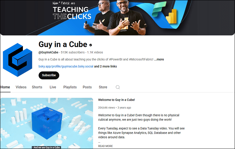 The homepage of the Guy in a Cube channel on YouTube