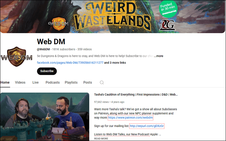 The homepage of the Web DM channel on YouTube