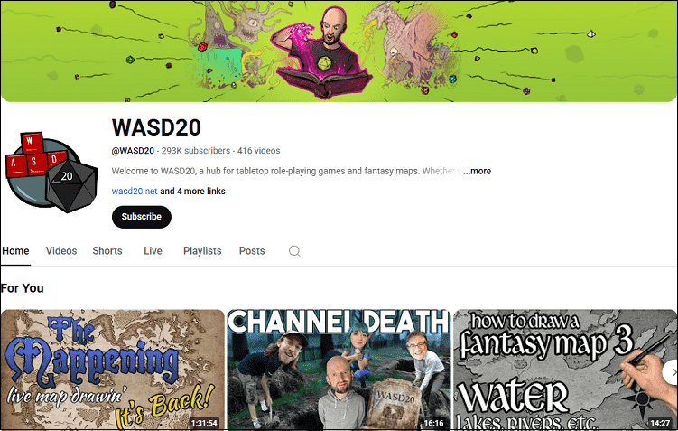 The homepage of the Wasd20 channel on YouTube