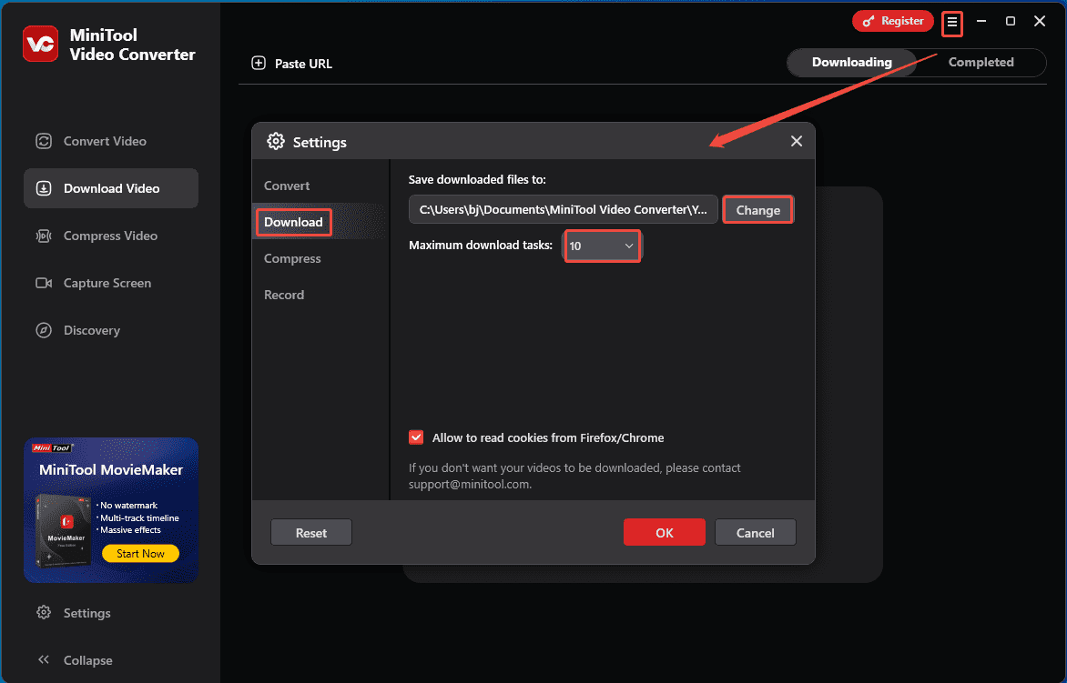 Click on the Hamburger icon > Settings > Download to configure the save path and the maximum number of downloads in MiniTool Video Converter
