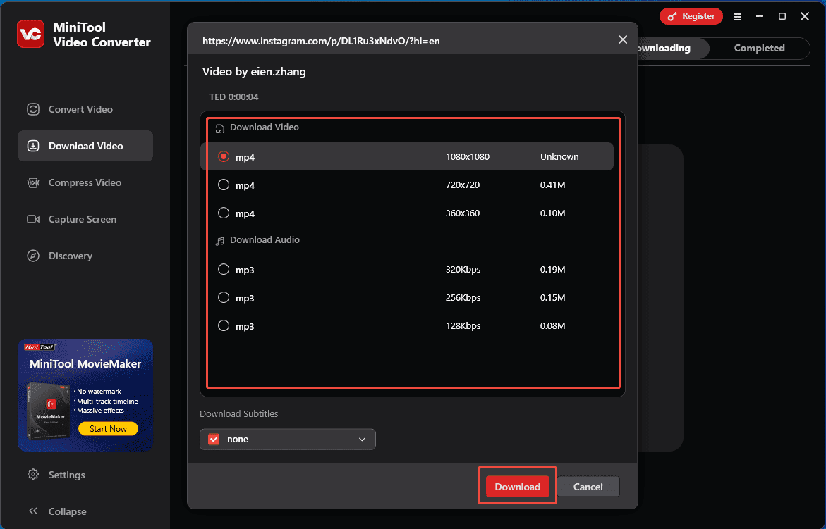 Choose an output format and resolution, and click on Download to save the Instagram video in MiniTool Video Converter