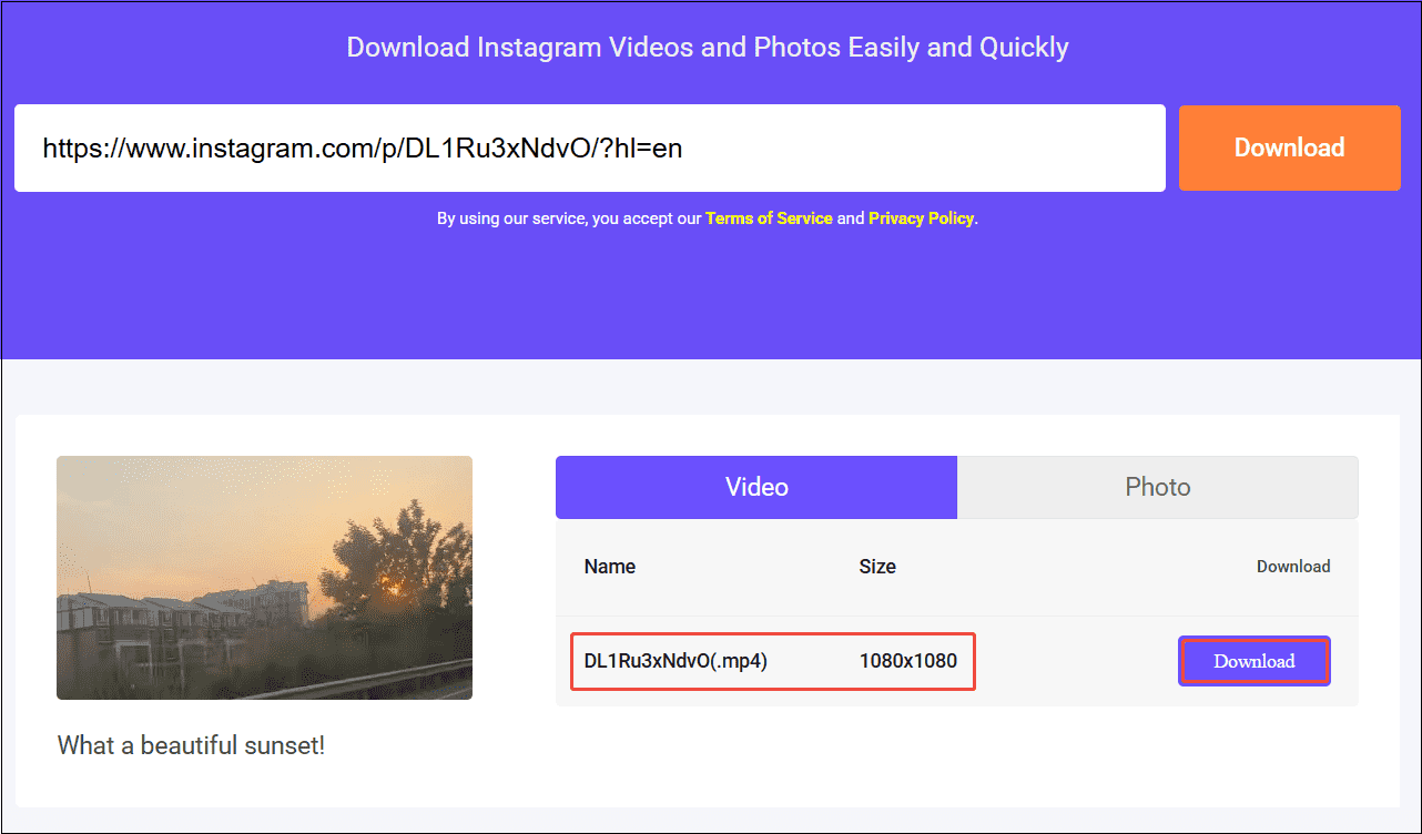 Choose the resolution of the Instagram video and click on Download to save it in viddown.net
