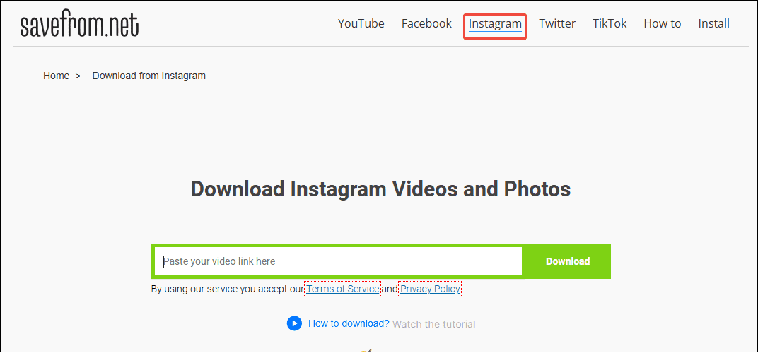 Click on Instagram to enter the video download interface on SaveFrom.Net