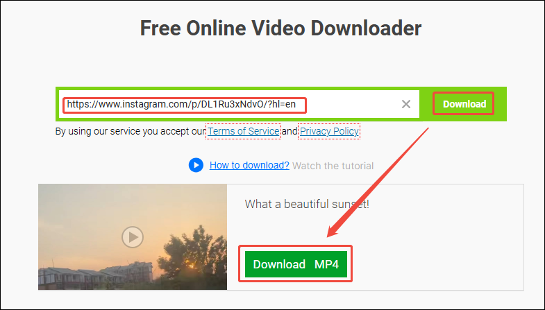 Paste the URL, click on download, then click on Download MP4 to save the Instagram video on SaveFrom.Net
