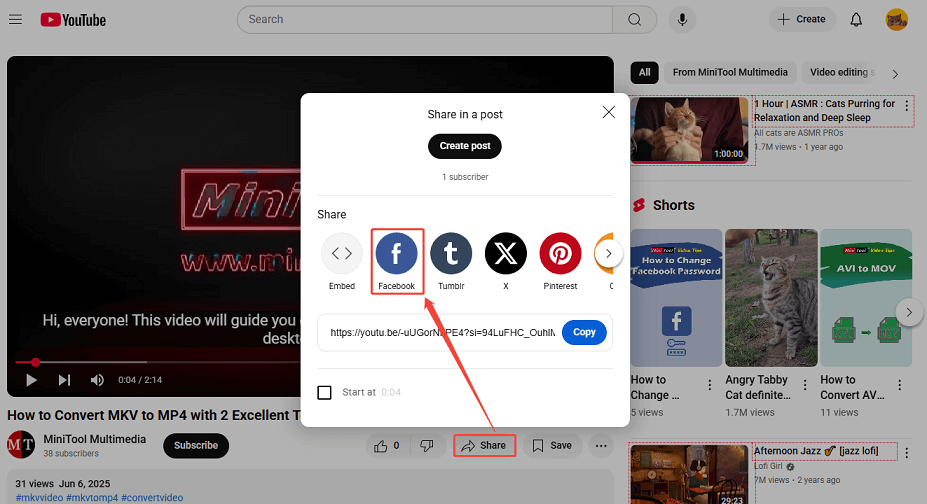 Click the Share button below the video player and choose Facebook while playing a video on YouTube