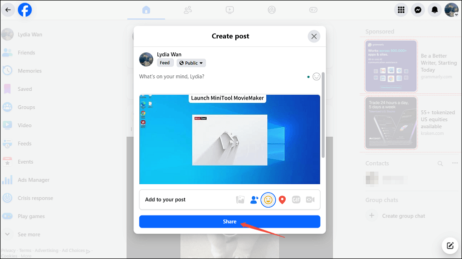 Click on Share in the Create post page to post the YouTube video on Facebook