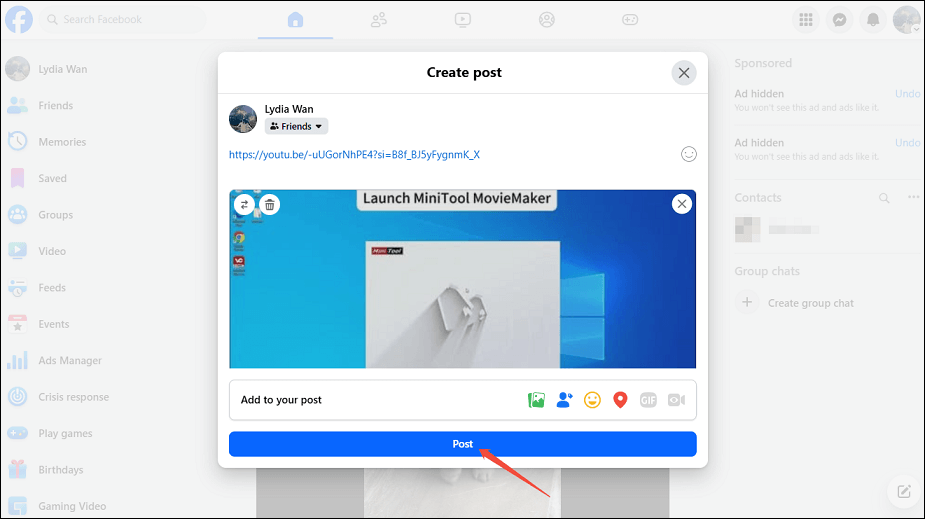 Paste the YouTube video URL and click on Post to post the YouTube video on Facebook