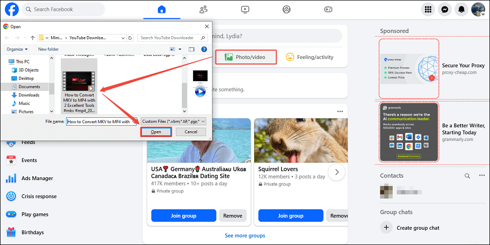 Click the Photo/video option, locate the downloaded YouTube video, and click on Open on Facebook
