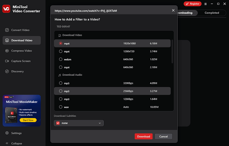 Choose the download format and quality and click the Download button in MiniTool Video Converter