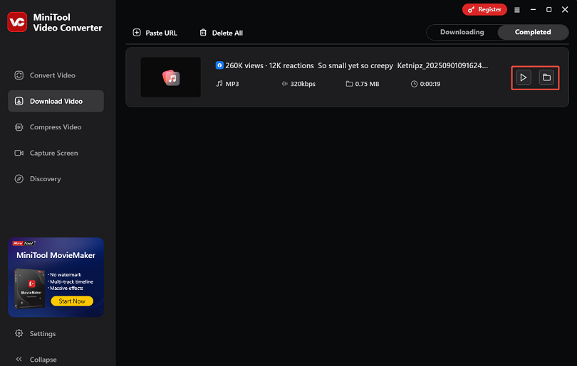 Click the play icon to play the MP3 file or click the folder icon to find it in the Completed tab of MiniTool Video Converter