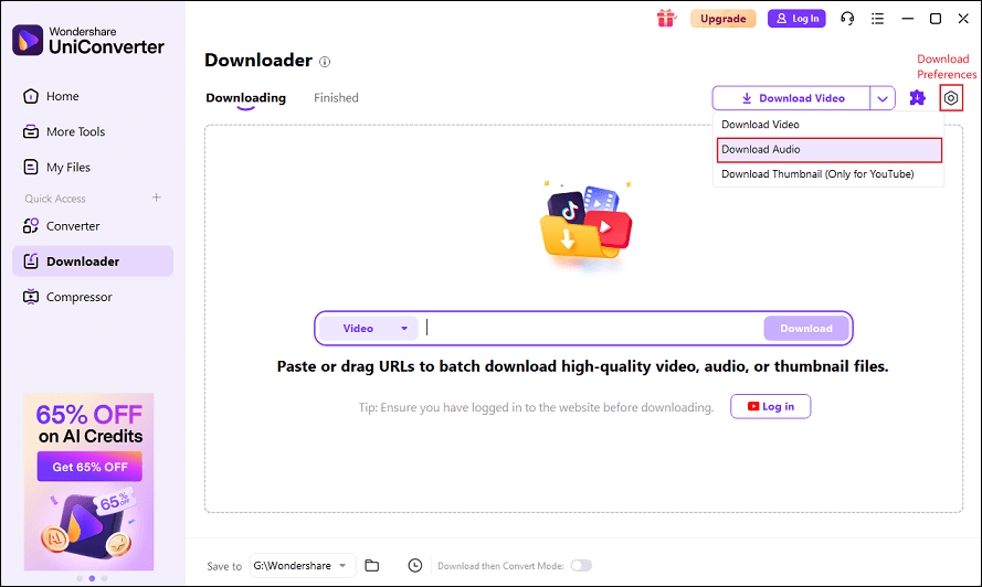 Choose Download Audio from the menu and click the Download preferences icon in Wondershare UniConverter