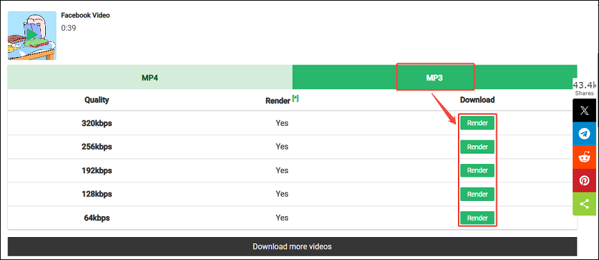 Go to the MP3 tab and click on Render next to the quality option you want on the FDownload.app website